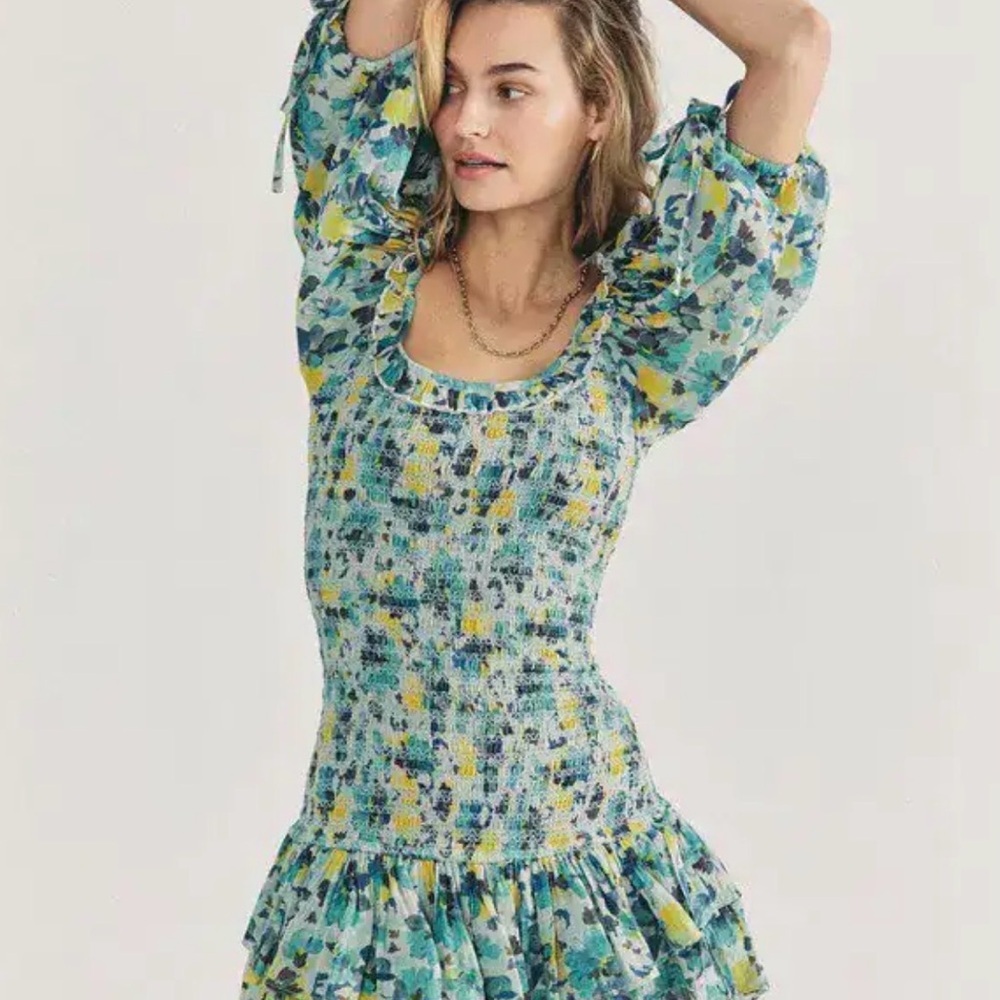 LoveShackFancy Violet Mini Dress Acai Berry Floral Smocked Sleeve NWT Medium